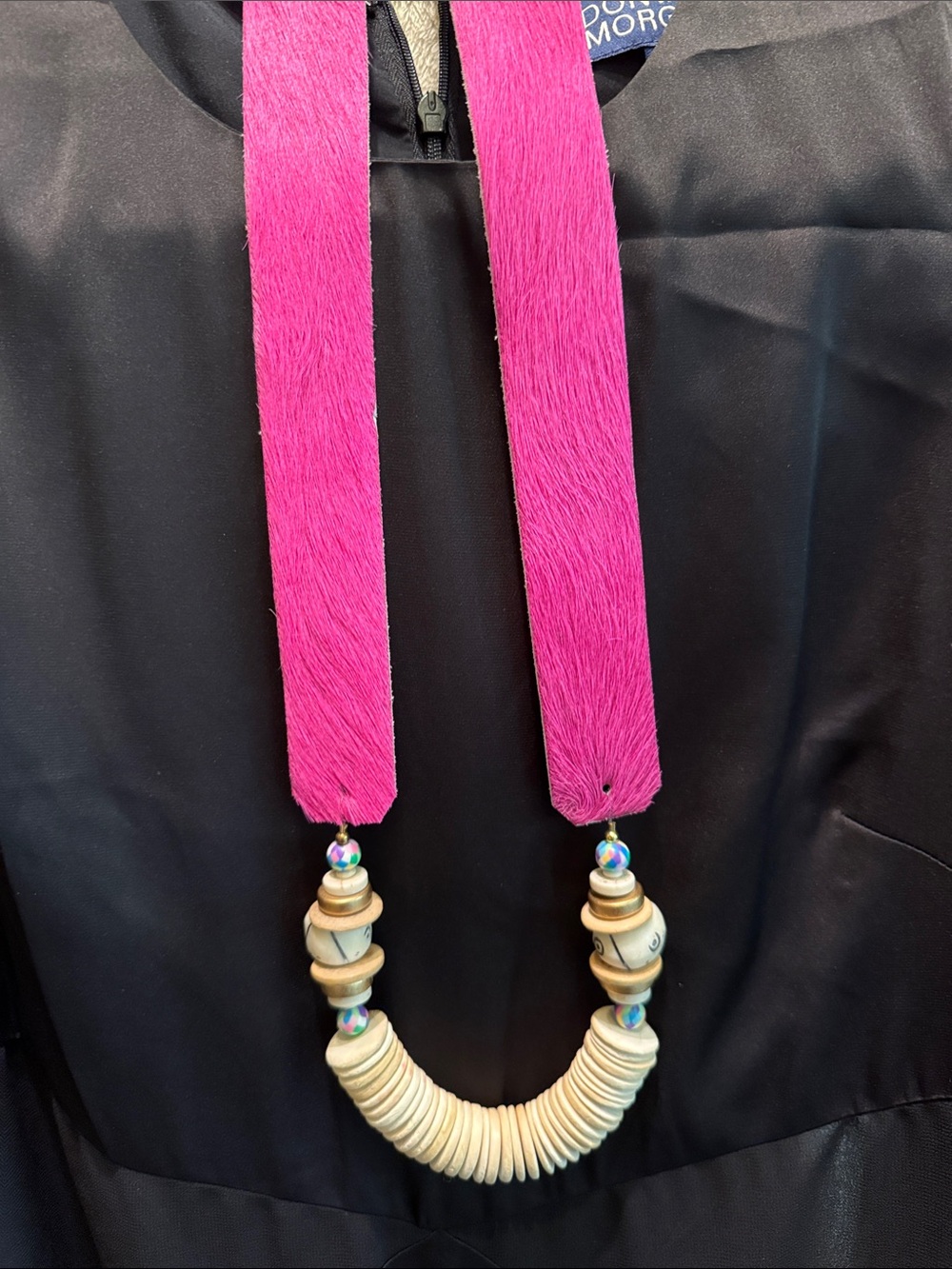 Pink Cow Hide Strap Necklace with Natural Wood Discs